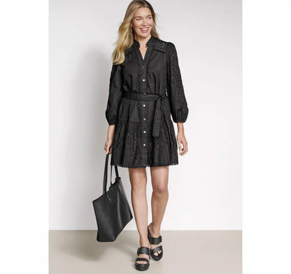 Button-Front Eyelet Dress - Black