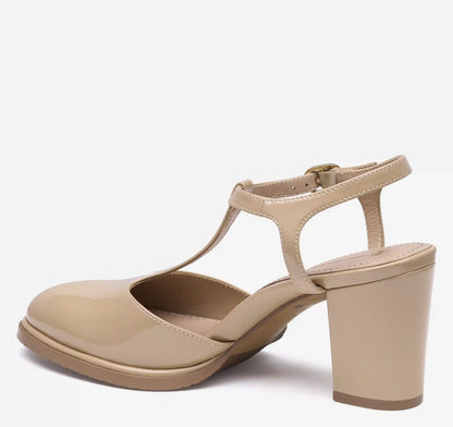 Amy T-Strap Pump - Nude Patent Leather