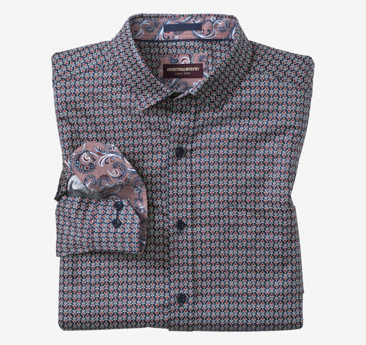 Printed Cotton Shirt - Navy/Burgundy Martini