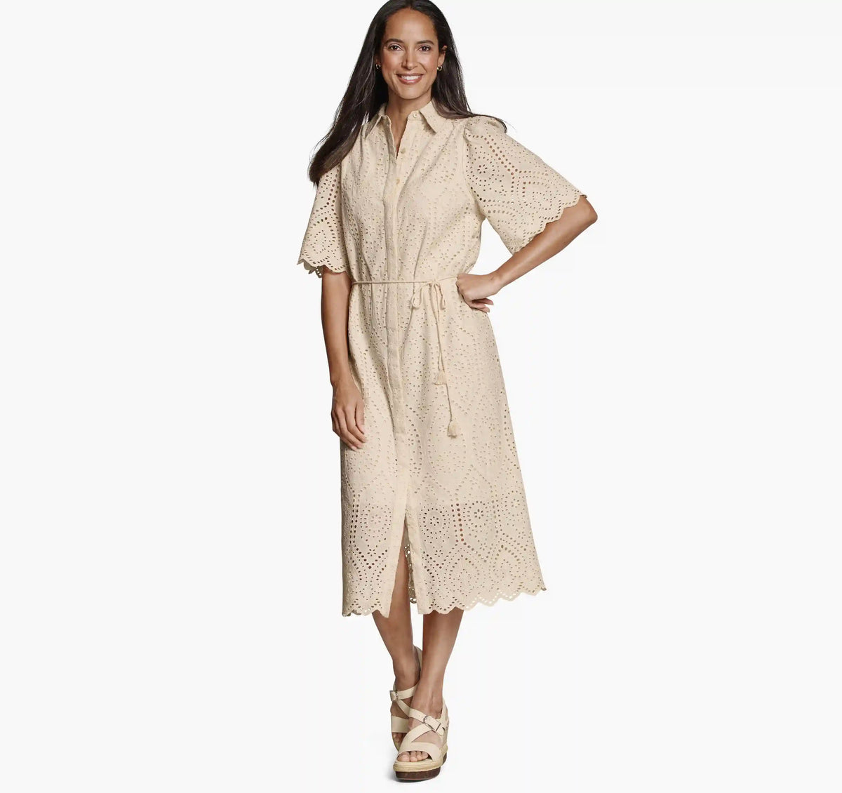 Flutter-Sleeve Eyelet Dress - Blush
