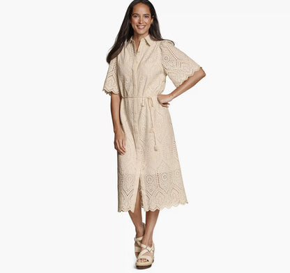 Flutter-Sleeve Eyelet Dress - Blush