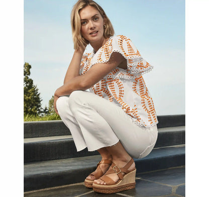 Game Day Eyelet Flutter Sleeve Top - White/Orange