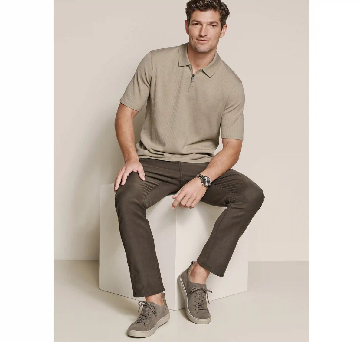 Finn Ribbed Zip Polo - Stone