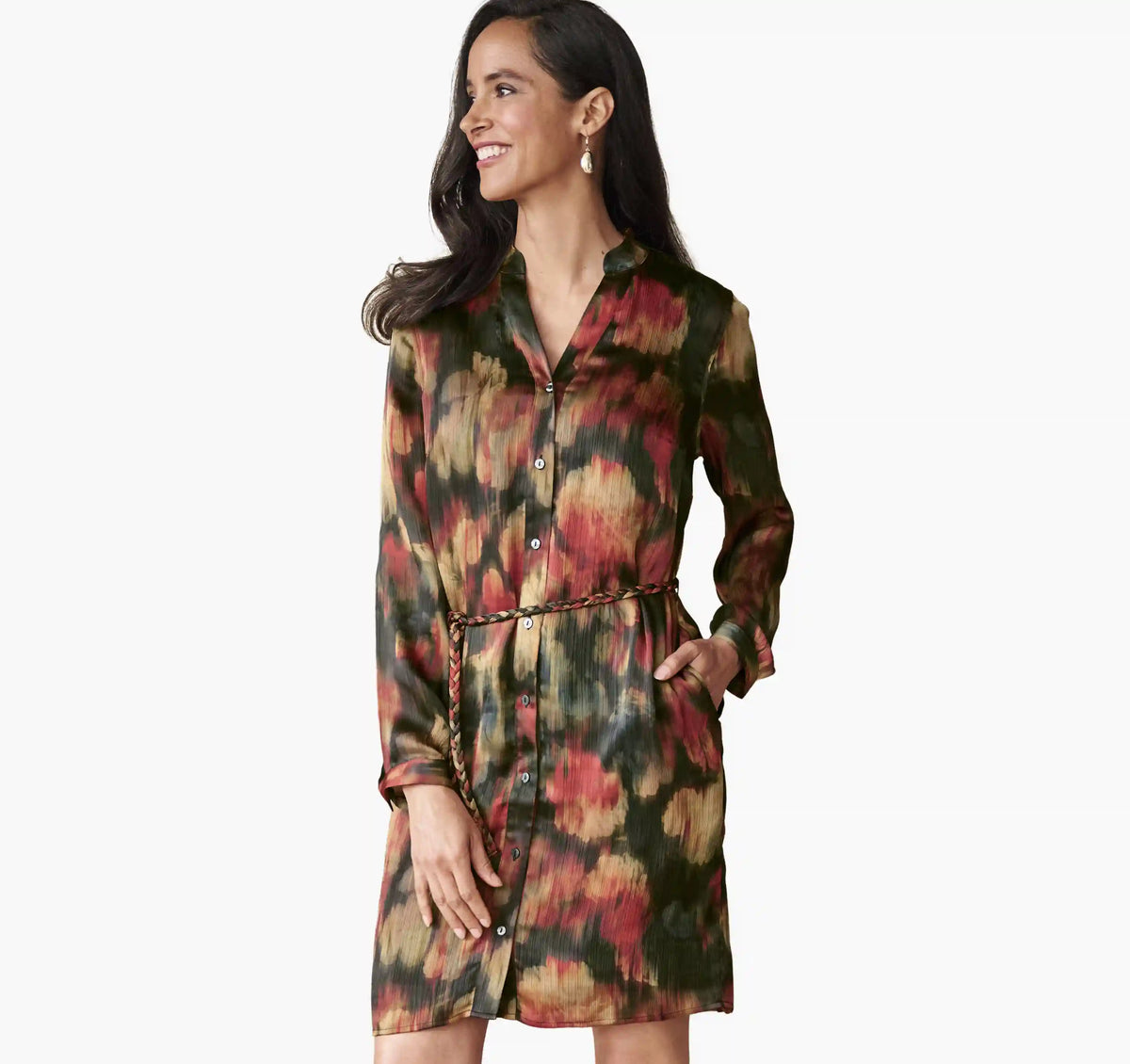 Printed Button-Front Dress - Red Blurred Floral