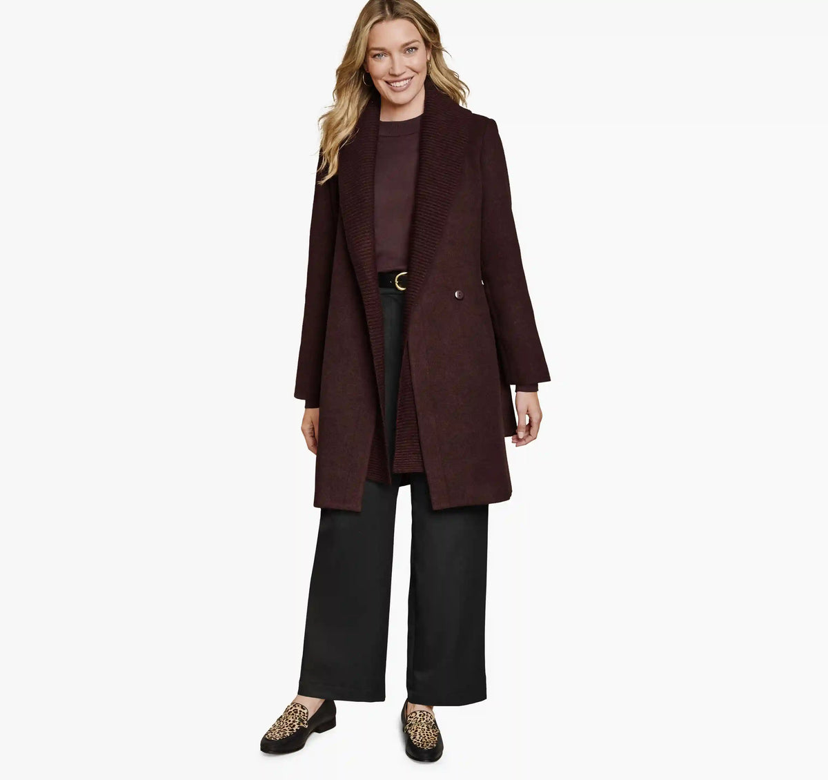Wool-Blend Coat with Removable Knit Collar - Burgundy