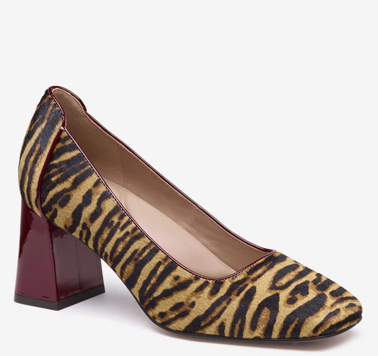 Whitney Pump - Beige/Brown Zebra-Print Haircalf/Red Patent Leather