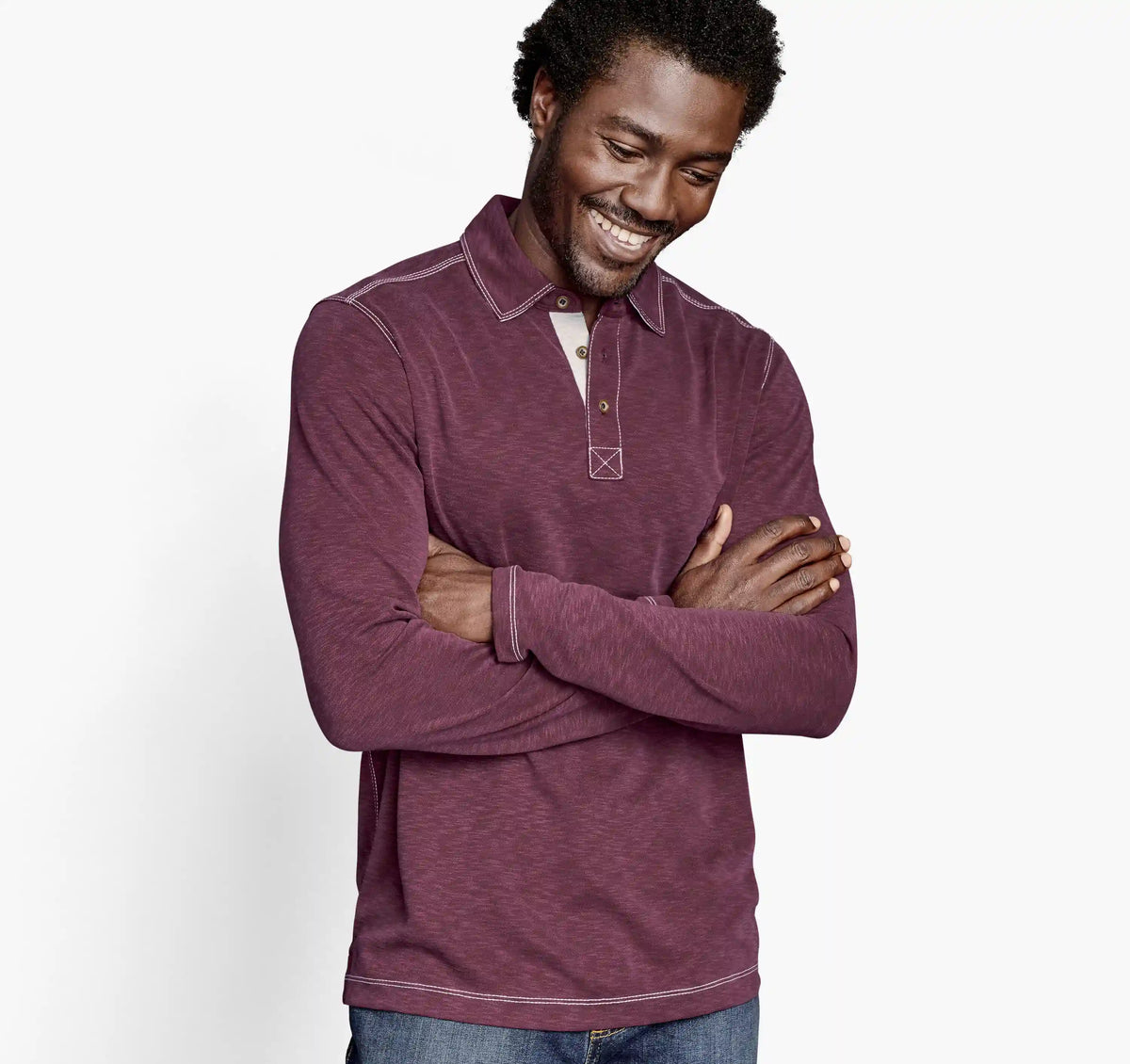 Vintage Slub Long-Sleeve Polo - Burgundy