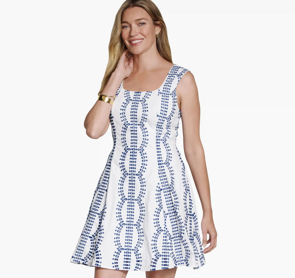 Sleeveless Eyelet Dress - White/Blue