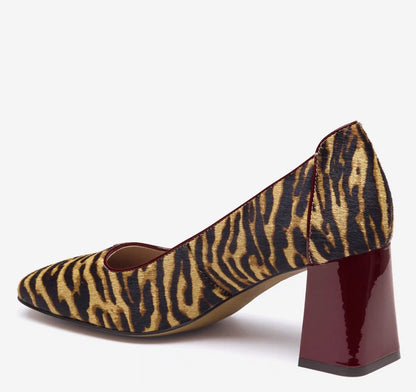 Whitney Pump - Beige/Brown Zebra-Print Haircalf/Red Patent Leather