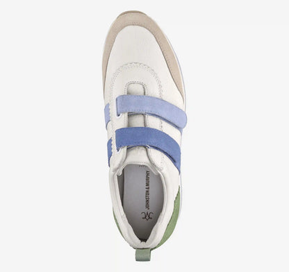 Gracie Double-Strap Sneaker - White Calfskin/Blue/Green Suede
