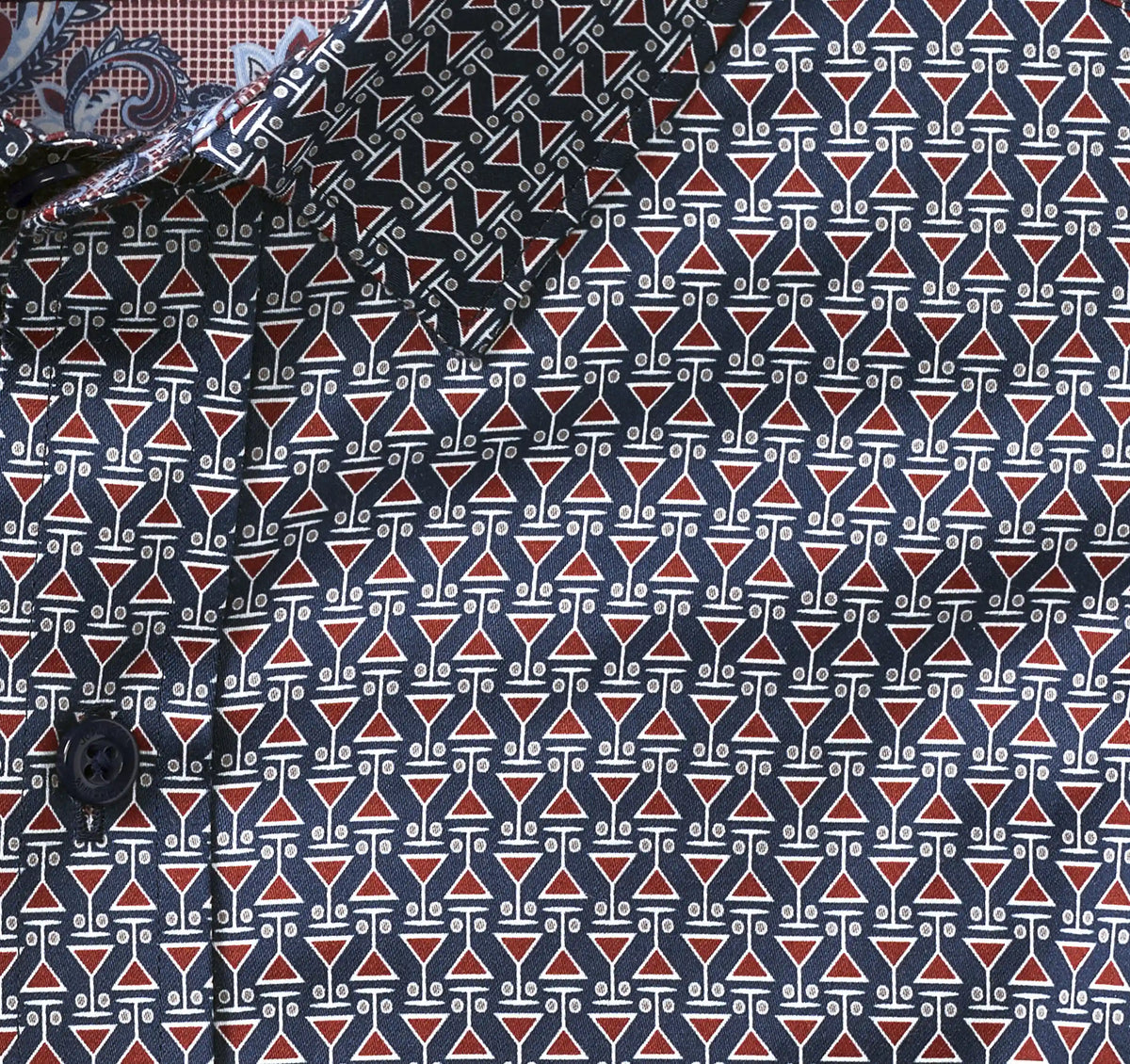 Printed Cotton Shirt - Navy/Burgundy Martini