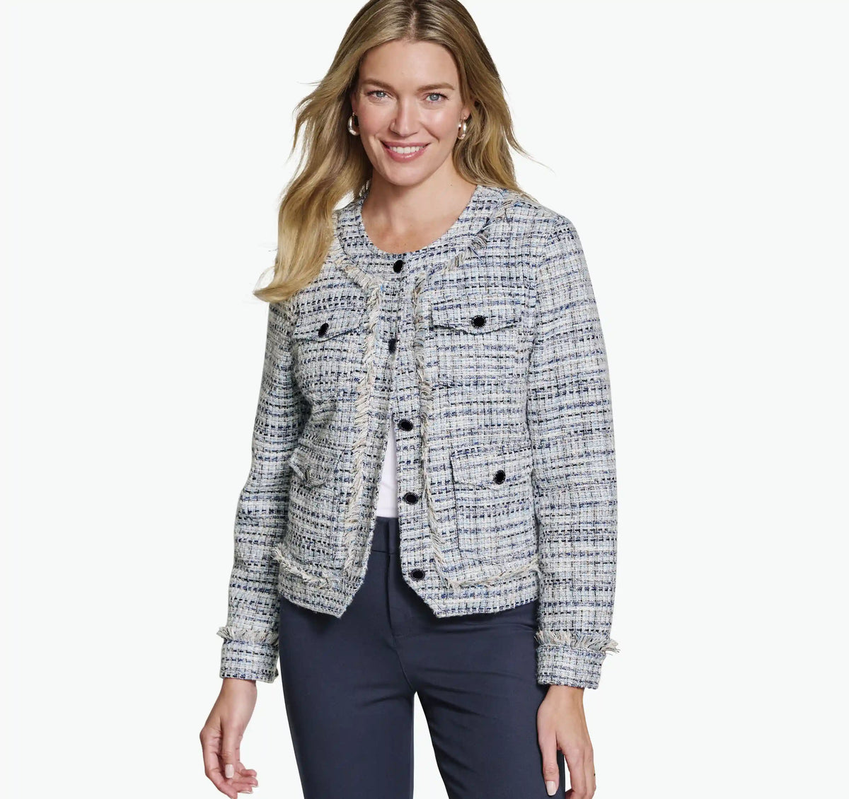 Tweed Jacket with Removable Hooded Bib - Navy/White Tweed with Navy Hooded Bib