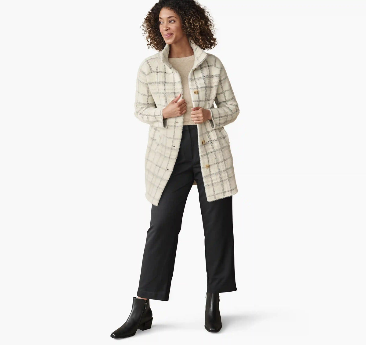 Eyelash Coatigan - White/Tan Plaid