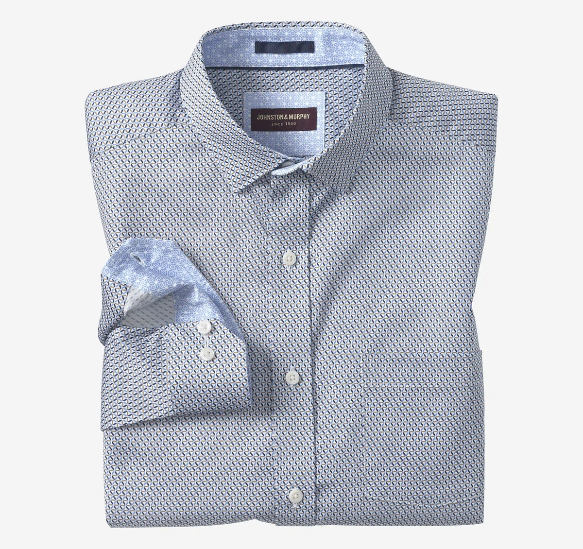 Logan Printed Long-Sleeve Shirt - Navy/Brown Triangle Grid