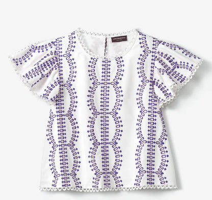 Game Day Eyelet Flutter Sleeve Top - White/Purple