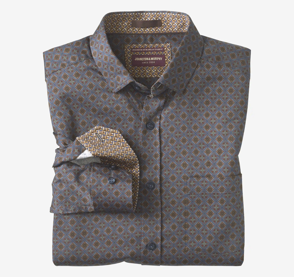 Logan Printed Long-Sleeve Shirt - Navy/Brown Medallion Crest