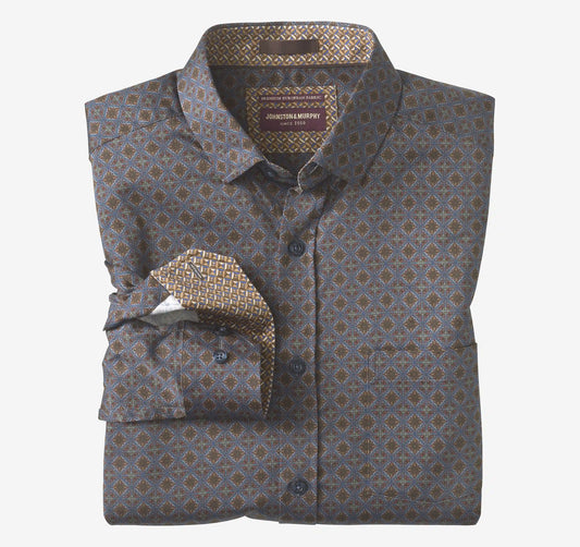Logan Printed Long-Sleeve Shirt - Navy/Brown Medallion Crest