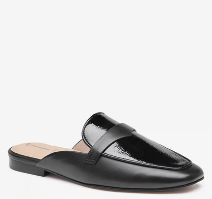 Isabel Penny Mule - Black Glove Leather/Crinkled Patent Faux Leather