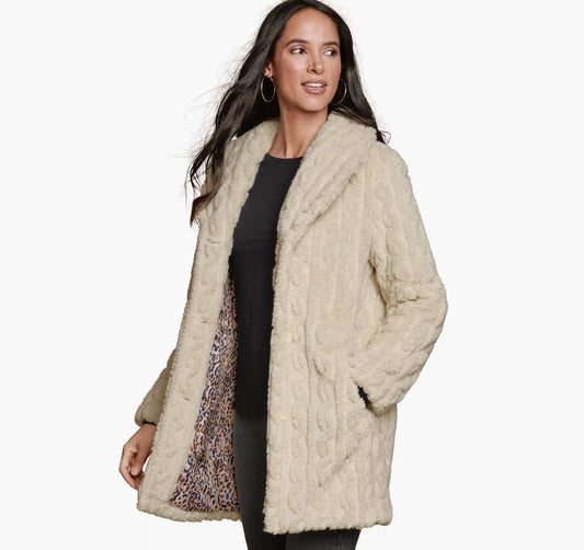Cable Faux-Fur Coat - Beige