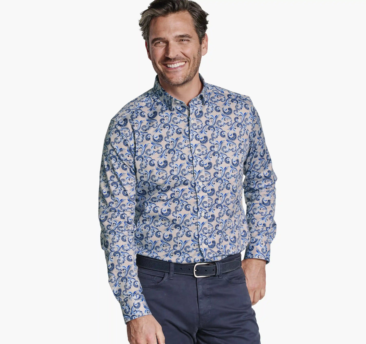 Logan Printed Long-Sleeve Shirt - Tan Checkered Paisley