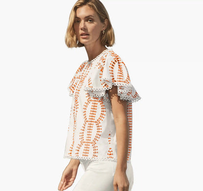 Game Day Eyelet Flutter Sleeve Top - White/Orange