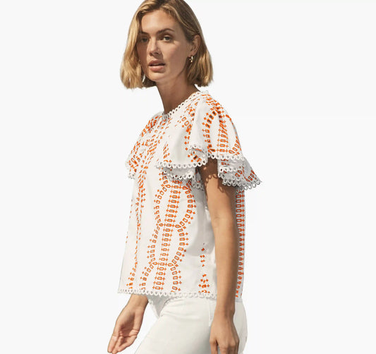 Game Day Eyelet Flutter Sleeve Top - White/Orange