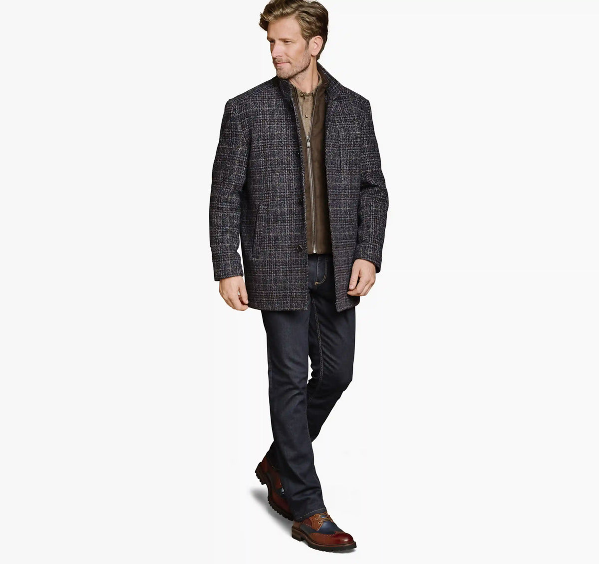 Upton Car Coat - Navy/Brown Plaid