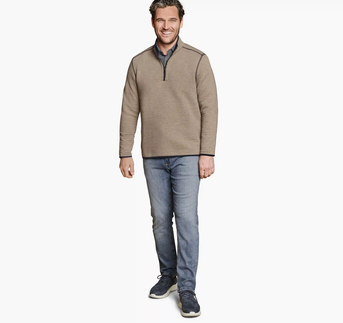 Reversible Channel-Quilted Quarter-Zip - Brown Heather/Navy