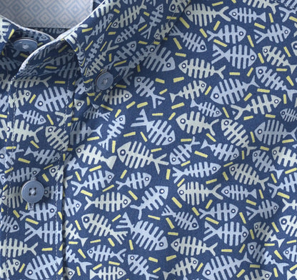 Printed Cotton Short-Sleeve Shirt - Navy Fishbone