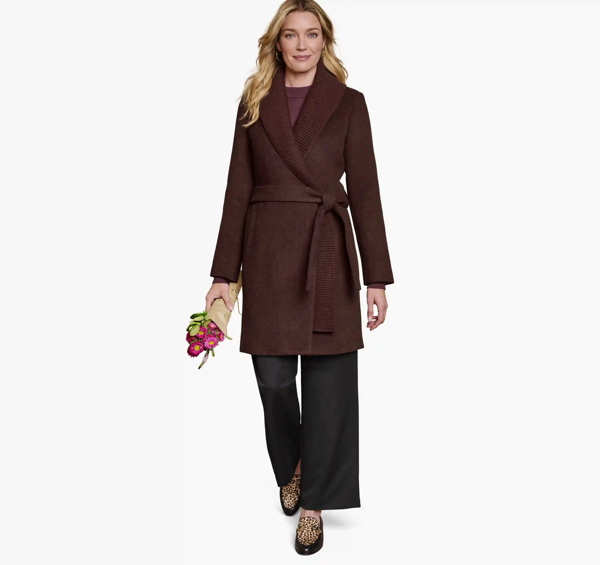 Wool-Blend Coat with Removable Knit Collar - Burgundy