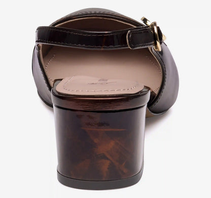 Sienna Button Slingback - Dark Brown Brushed Italian Patent Leather