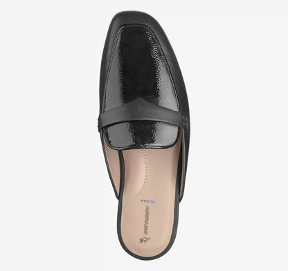 Isabel Penny Mule - Black Glove Leather/Crinkled Patent Faux Leather