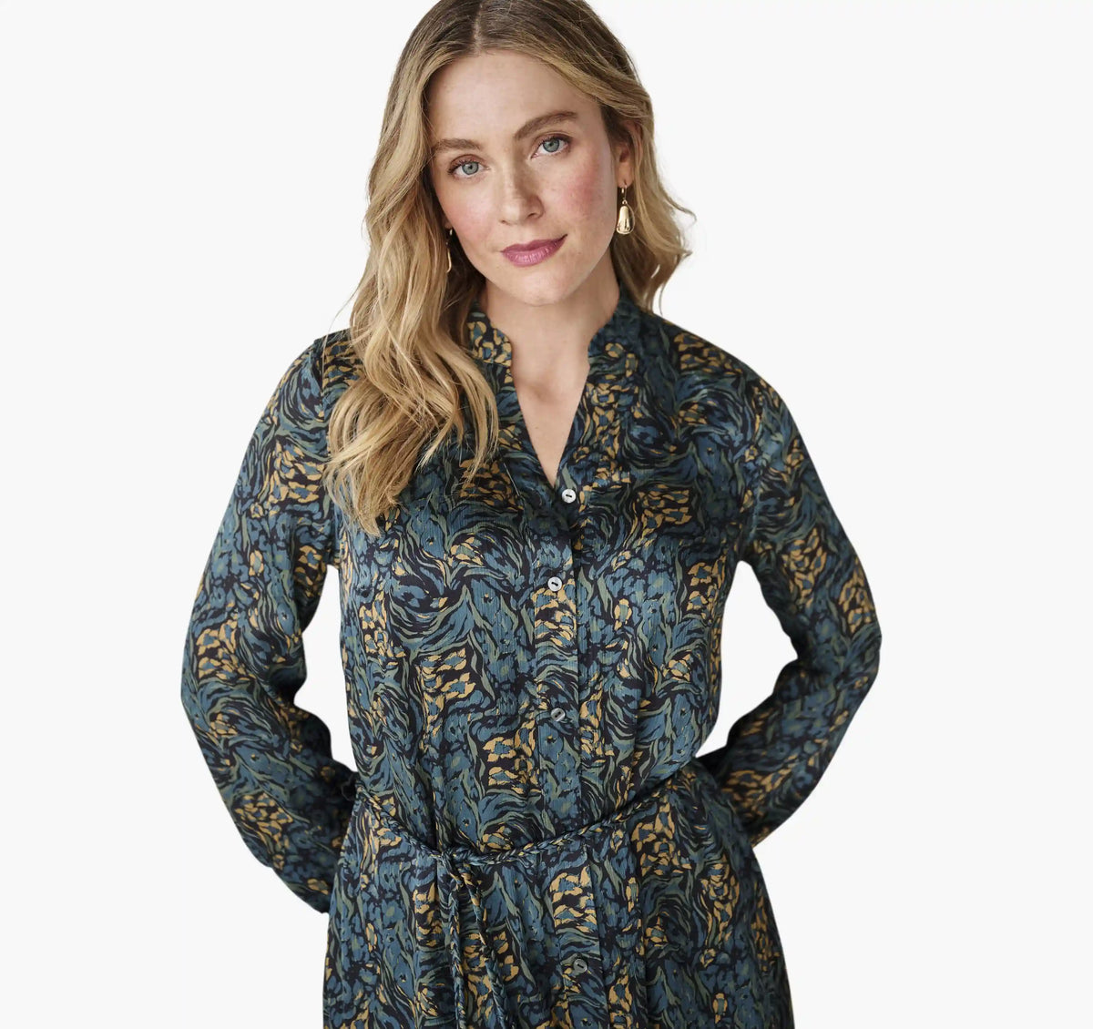 Printed Button-Front Long Dress - Teal Abstract Floral