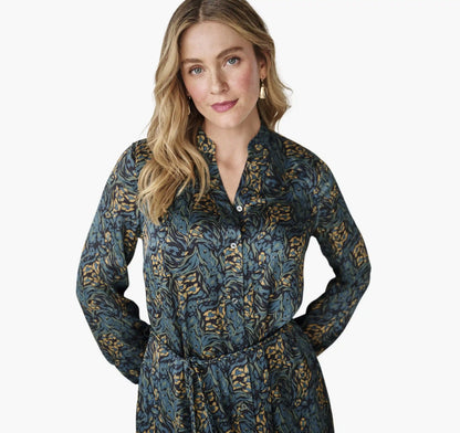 Printed Button-Front Long Dress - Teal Abstract Floral