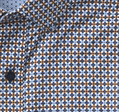 Printed Cotton Shirt - Blue/Rust Geo Clover