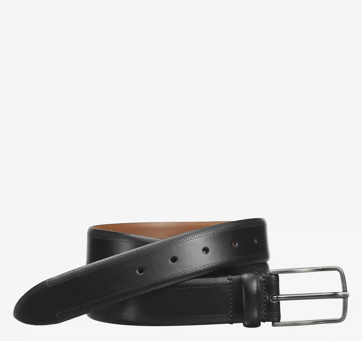Edge-Perfed Embossed Leather Belt - Black