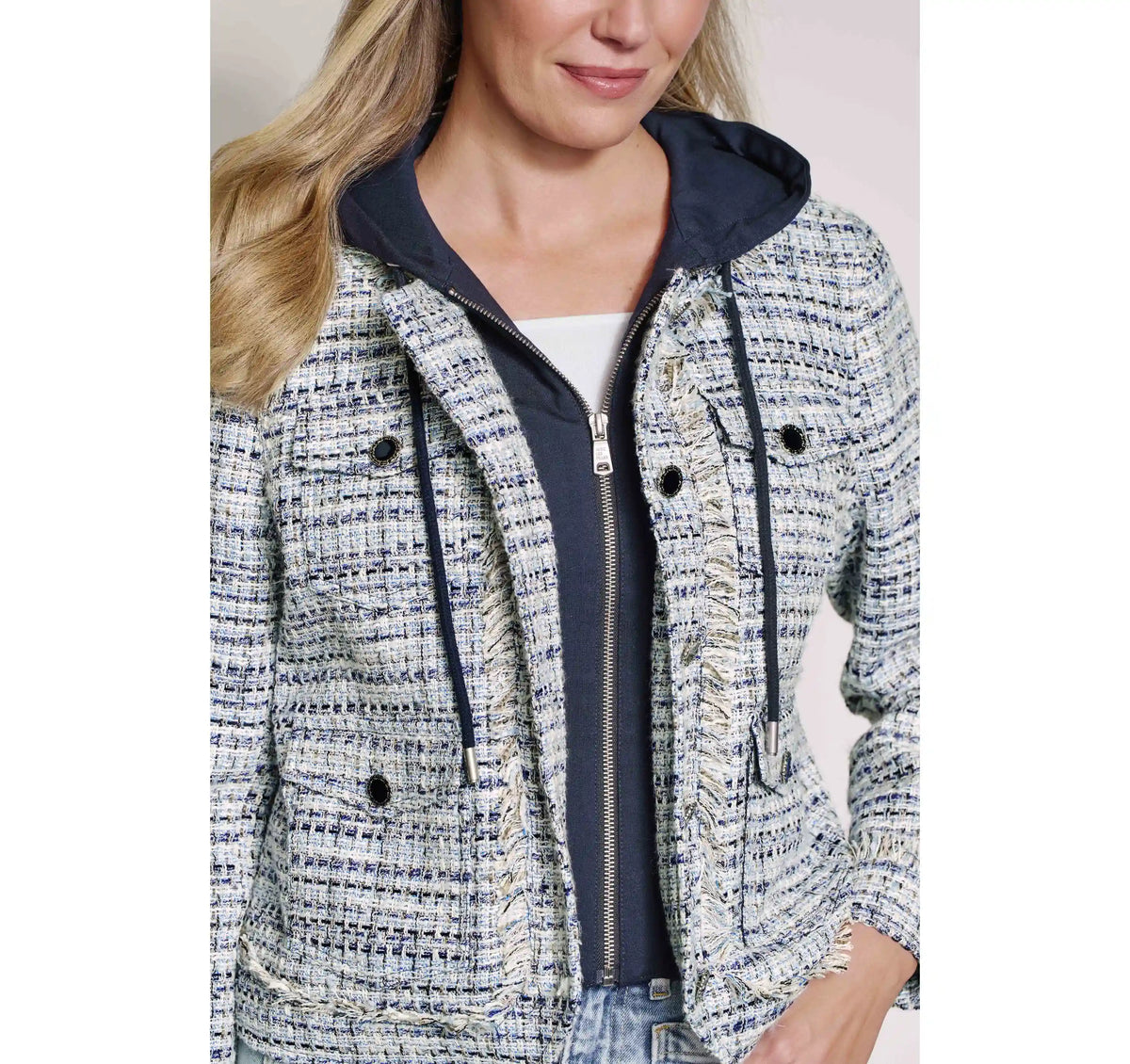 Tweed Jacket with Removable Hooded Bib - Navy/White Tweed with Navy Hooded Bib