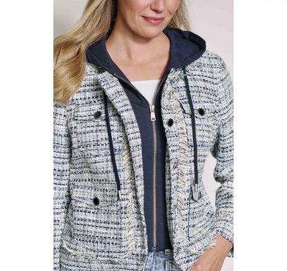 Tweed Jacket with Removable Hooded Bib - Navy/White Tweed with Navy Hooded Bib