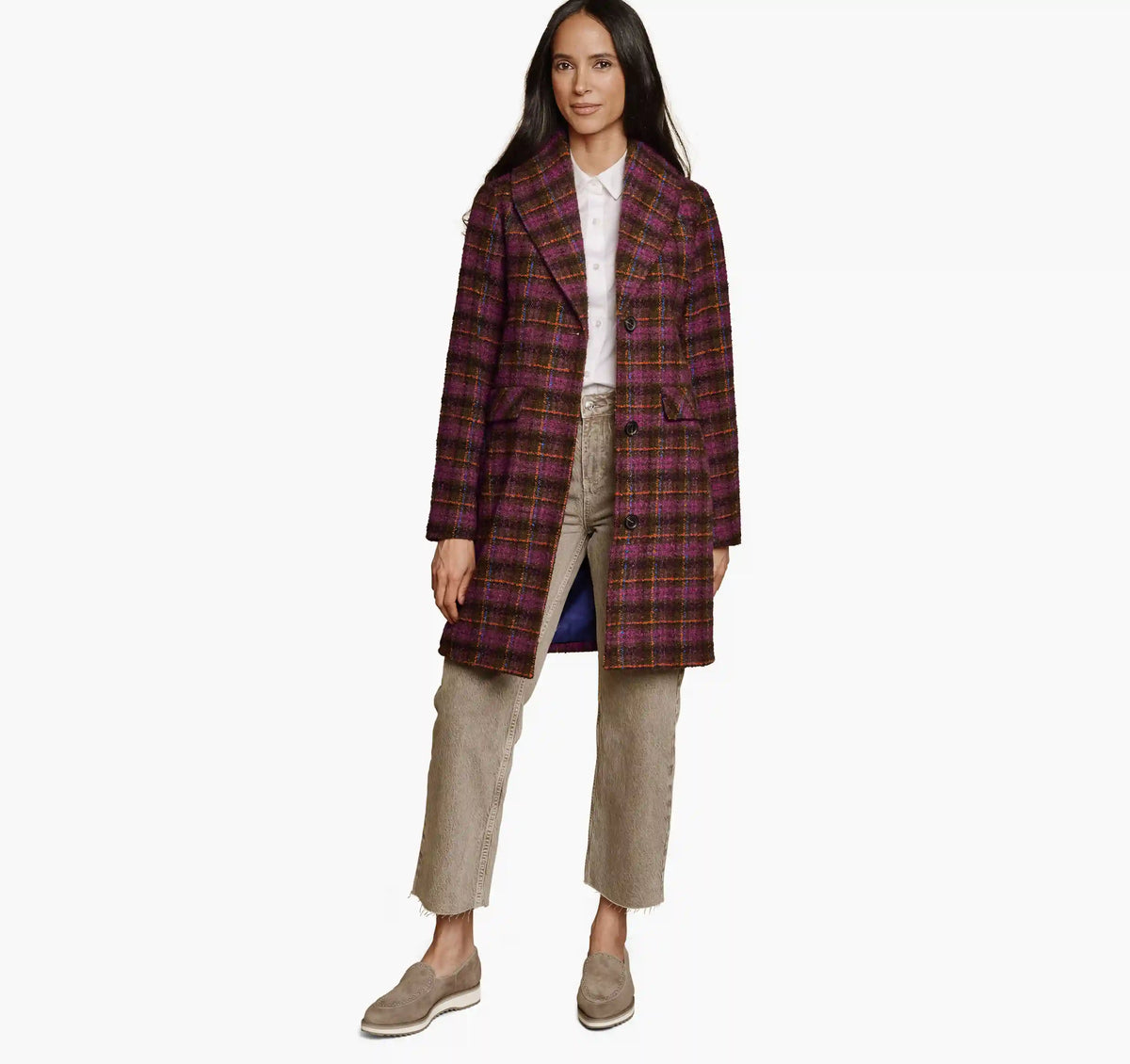 Shawl Collar Plaid Coat - Pink/Brown