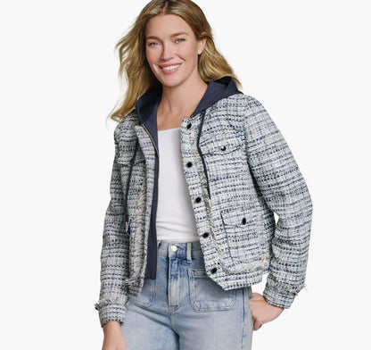 Tweed Jacket with Removable Hooded Bib - Navy/White Tweed with Navy Hooded Bib