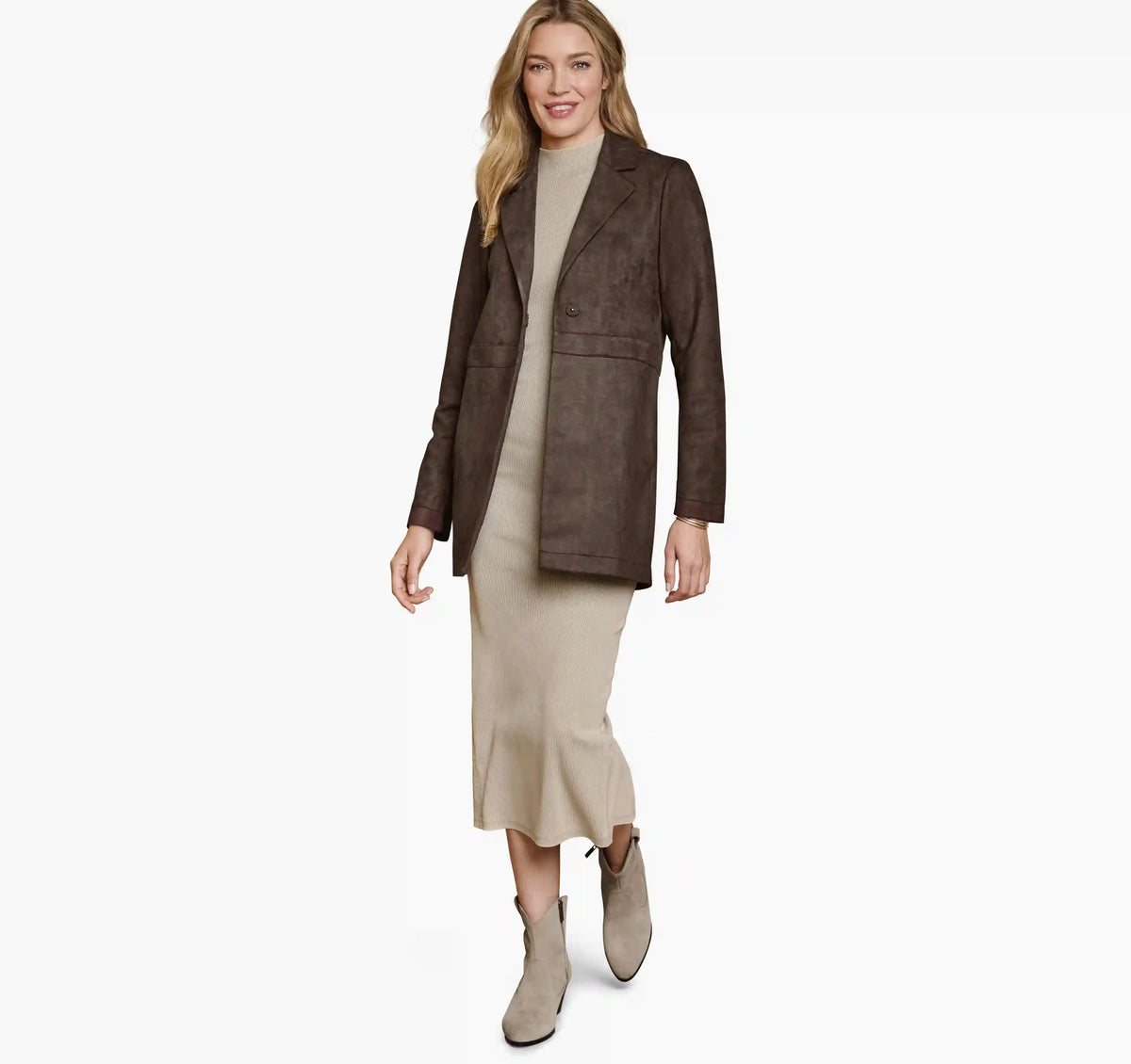 Faux-Suede Long Blazer - Dark Brown