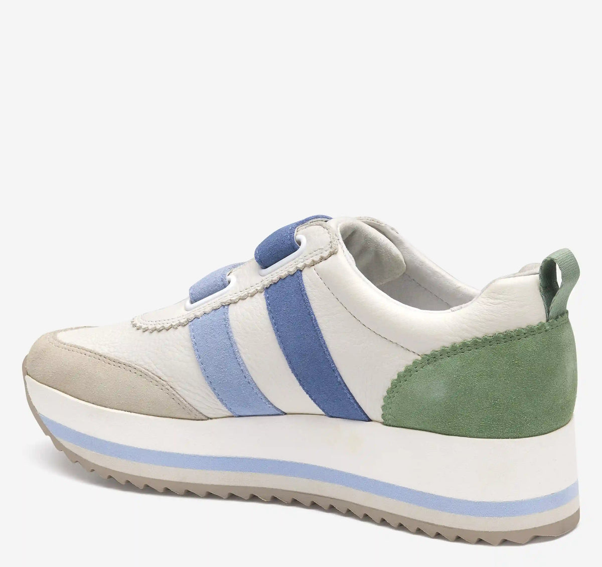 Gracie Double-Strap Sneaker - White Calfskin/Blue/Green Suede